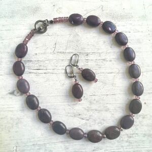 Aubergine Jade and Czech glass antique silver plate necklace and earrings set